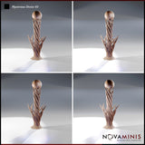 Four-angle digital render sheet of Mysterious Device 03 by Novaminis showing the front, slight left, slight right, and rear views of the spiralling tendril obelisk with spherical crown orb and layered base
