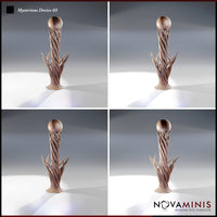 Four-angle digital render sheet of Mysterious Device 03 by Novaminis showing the front, slight left, slight right, and rear views of the spiralling tendril obelisk with spherical crown orb and layered base