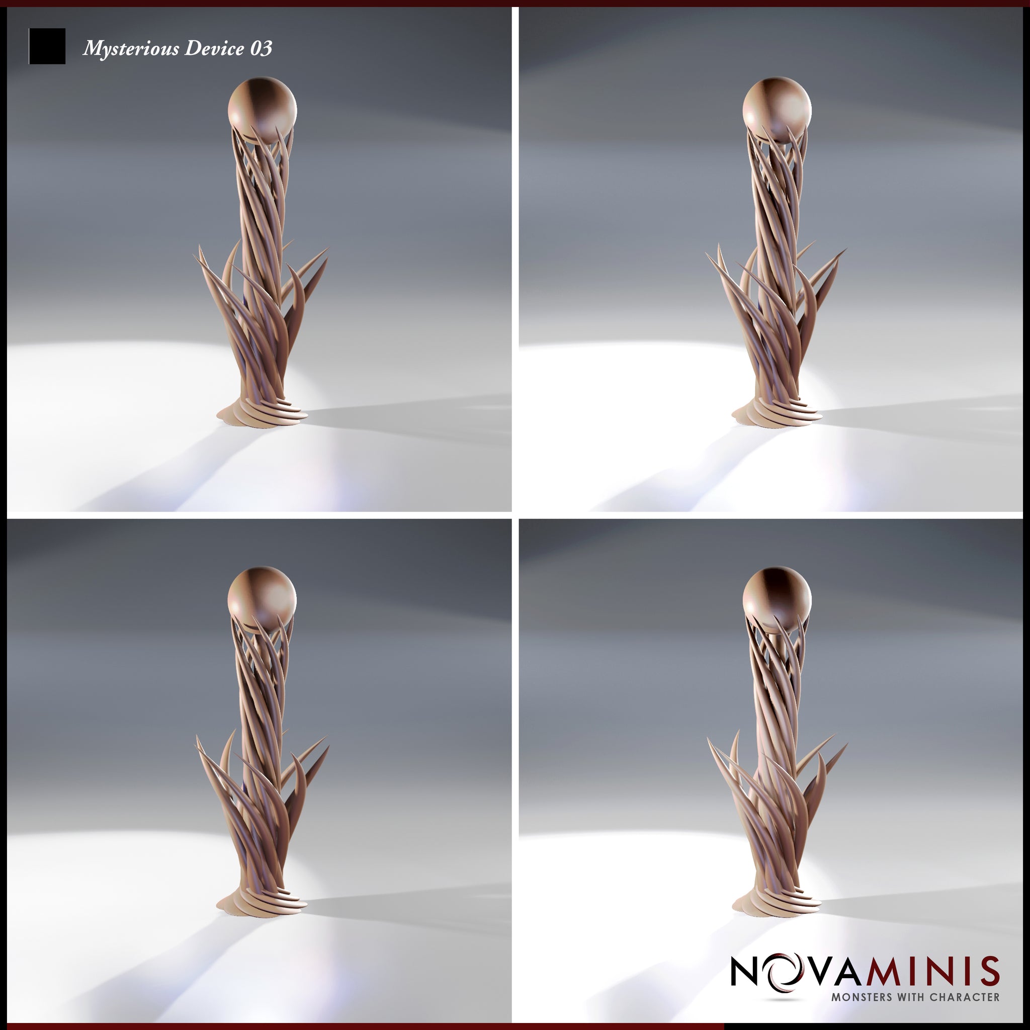 Four-angle digital render sheet of Mysterious Device 03 by Novaminis showing the front, slight left, slight right, and rear views of the spiralling tendril obelisk with spherical crown orb and layered base