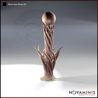 Digital render of Mysterious Device 03 by Novaminis — a tall twisted column of intertwined organic tendrils with sharp outward spines at mid-height, supporting a smooth spherical orb at the apex, mounted on a layered circular base, shown from a three-quarter front angle