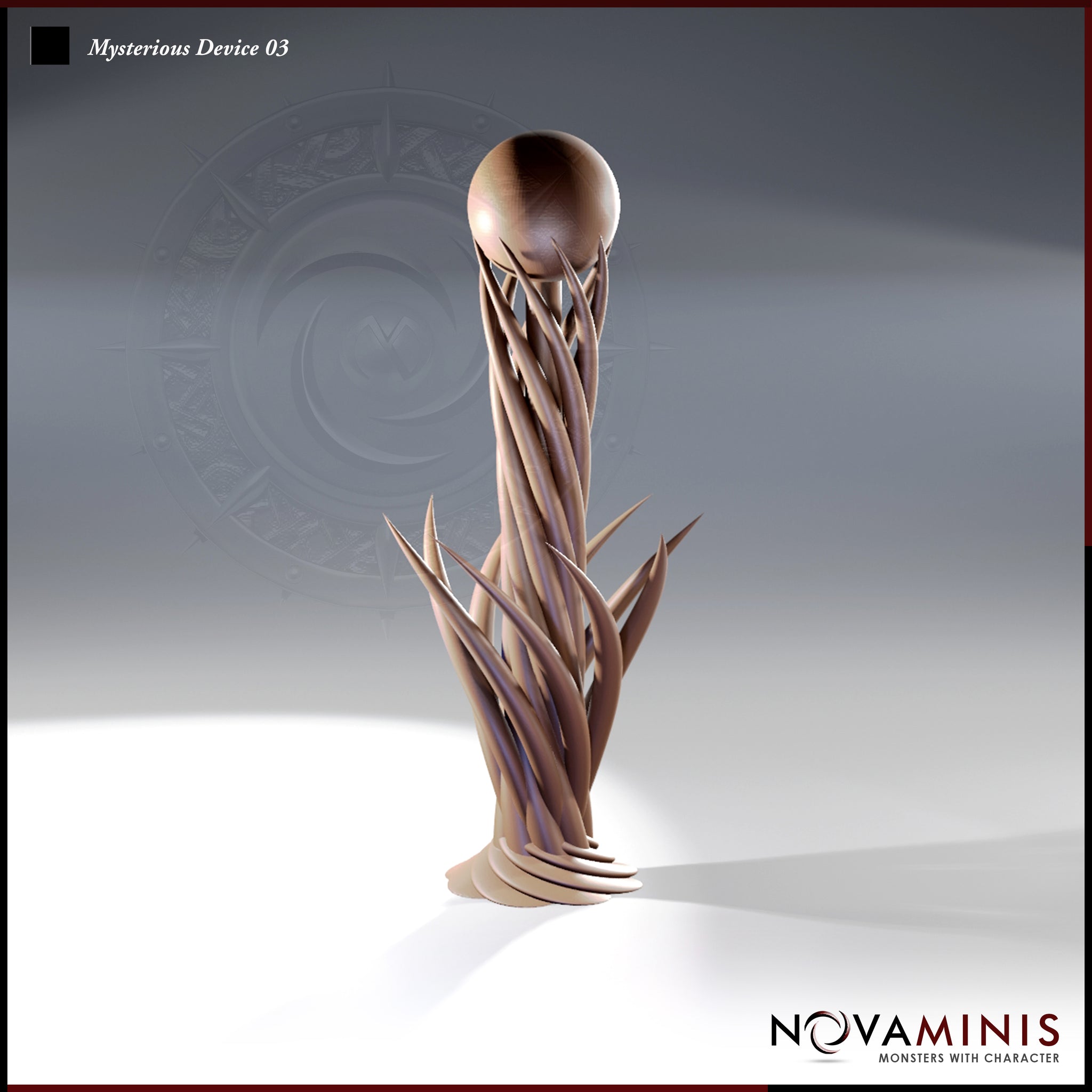 Digital render of Mysterious Device 03 by Novaminis — a tall twisted column of intertwined organic tendrils with sharp outward spines at mid-height, supporting a smooth spherical orb at the apex, mounted on a layered circular base, shown from a three-quarter front angle