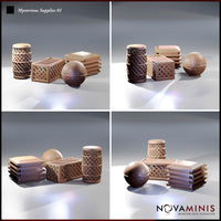 Four-panel digital render showing the Novaminis Mysterious Supplies 01 scatter terrain set from multiple angles — front-left, front-right, low rear, and low front — highlighting the open lattice weave detail on the barrel and crate, the layered profile of the stacked trays, and the rounded studs on the orb vessel.