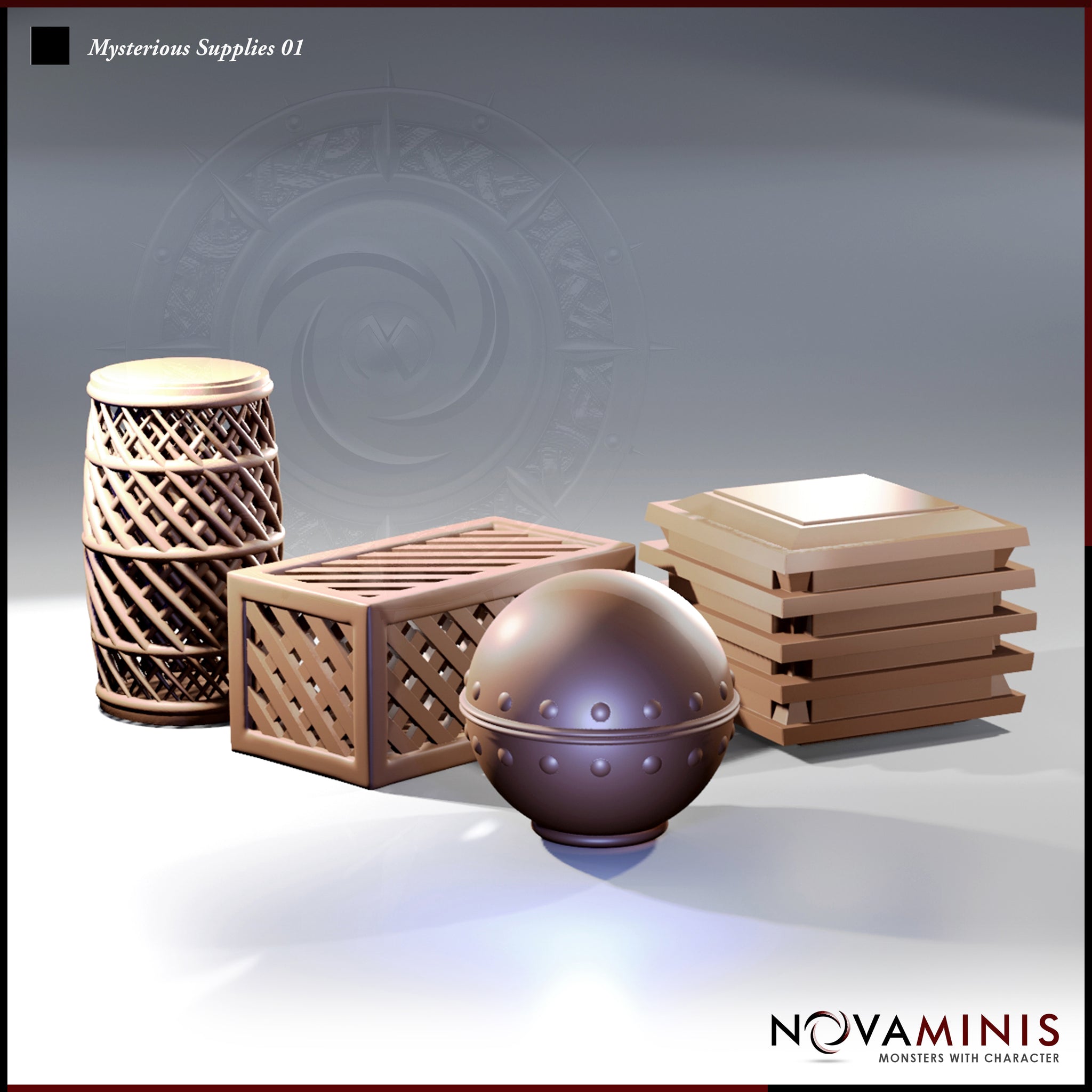 Digital render of four resin scatter terrain pieces from Novaminis Mysterious Supplies 01: a woven wicker barrel with capped lid, a square open-lattice crate, a stack of flat trays with stepped edges, and a spherical studded orb vessel on a pedestal base, all shown in an unpainted warm tan finish against a grey background.
