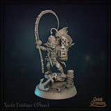 Goblin mariner striding forward, bamboo fishing rod raised in one hand, ornate lantern in the other, wearing a riveted diving helmet and sailor's coat, scenic dock base with coiled rope and anchor. Sculpt by Great Grimoire.