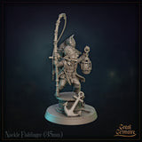 Rear view of a goblin figure with a large wicker basket backpack packed with fish and a protruding angler fish head, holding a curved fishing rod with a circular frame, standing on a planked dock base with a mooring post. Sculpt by Great Grimoire.