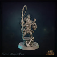 Rear view of a goblin figure with a large wicker basket backpack packed with fish and a protruding angler fish head, holding a curved fishing rod with a circular frame, standing on a planked dock base with a mooring post. Sculpt by Great Grimoire.