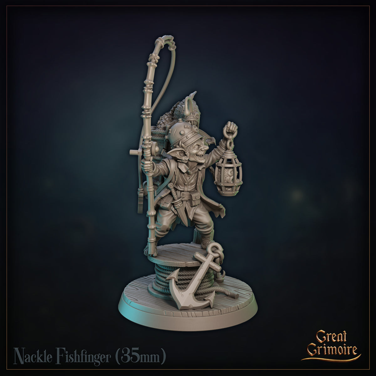 Rear view of a goblin figure with a large wicker basket backpack packed with fish and a protruding angler fish head, holding a curved fishing rod with a circular frame, standing on a planked dock base with a mooring post. Sculpt by Great Grimoire.