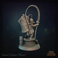 Disassembled multipart goblin miniature showing the barefoot grinning figure, a curved bamboo fishing rod, a wicker fish basket with monstrous catch, a barrel lantern, and a scenic dock base with rope coils and anchor. Sculpt by Great Grimoire.