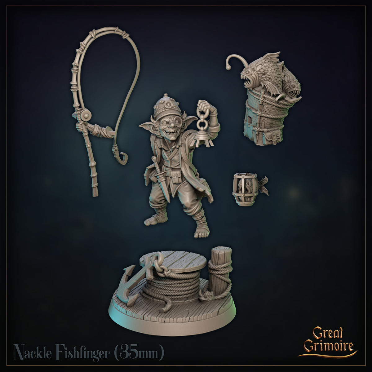 Nackle Fishfinger goblin pirate miniature by Great Grimoire — 35mm resin, multipart, with decorative dock base featuring rope and anchor detailing.