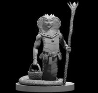 Grey resin 3D printed Naga Druid miniature at 32mm scale — a cobra-hooded serpentfolk figure with flared hood, bead necklace, gnarled staff with budding tip, and a woven basket of mushrooms, coiled tail forming the base