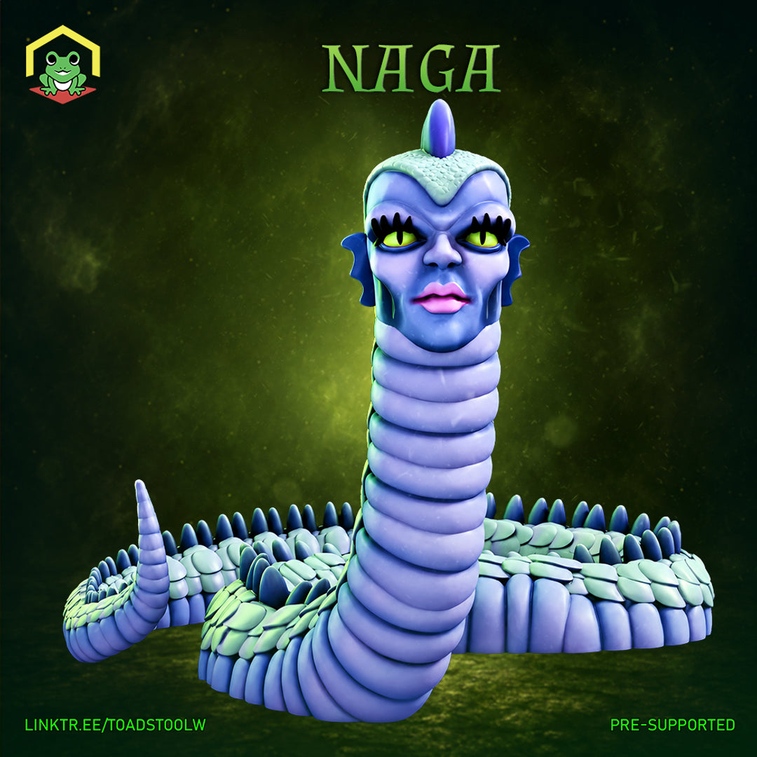 Naga miniature by The Toadstool Weaver: a humanoid face with yellow-green eyes, fin-like head flanges, and a single brow horn, rising from a coiled scaled serpent body with a spined dorsal ridge.