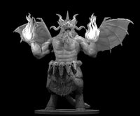 Nalfeshnee demon sculpt by MZ4250: broad-shouldered horned fiend with large bat wings spread wide, both arms raised and holding conjured flames, wearing a belt of chained skulls around its waist, sharp horns and tusked open mouth, clawed feet, on a flat round base.