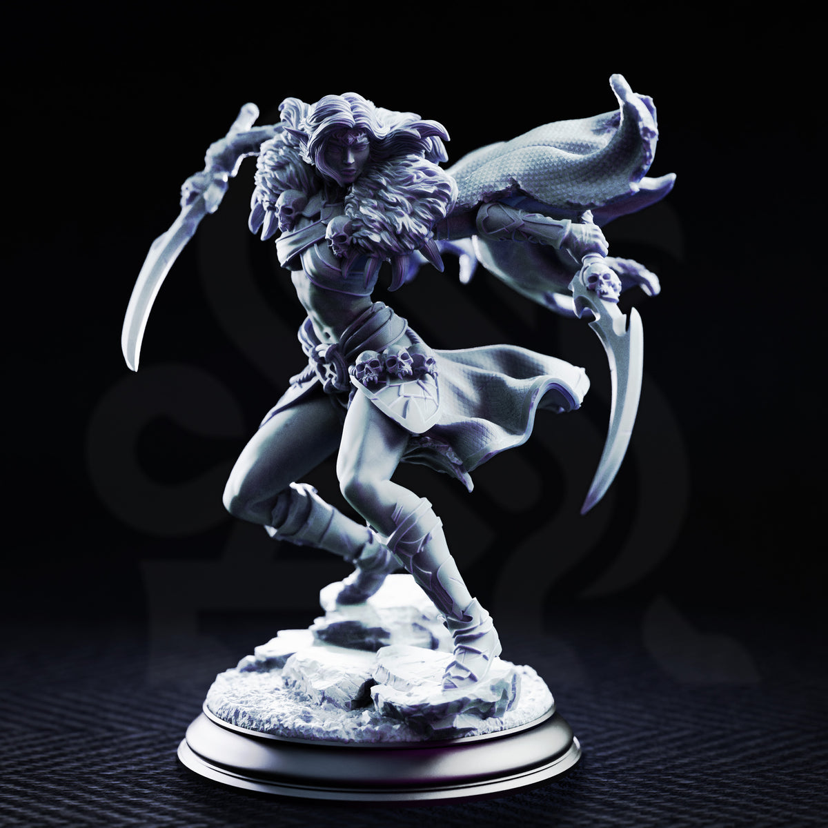 Drow female rogue mid-stride with twin curved blades extended wide, skull-adorned pauldrons, flowing hair, scaled billowing cloak, and skull belt details. Rocky scenic base. Sculpt by DM Stash.
