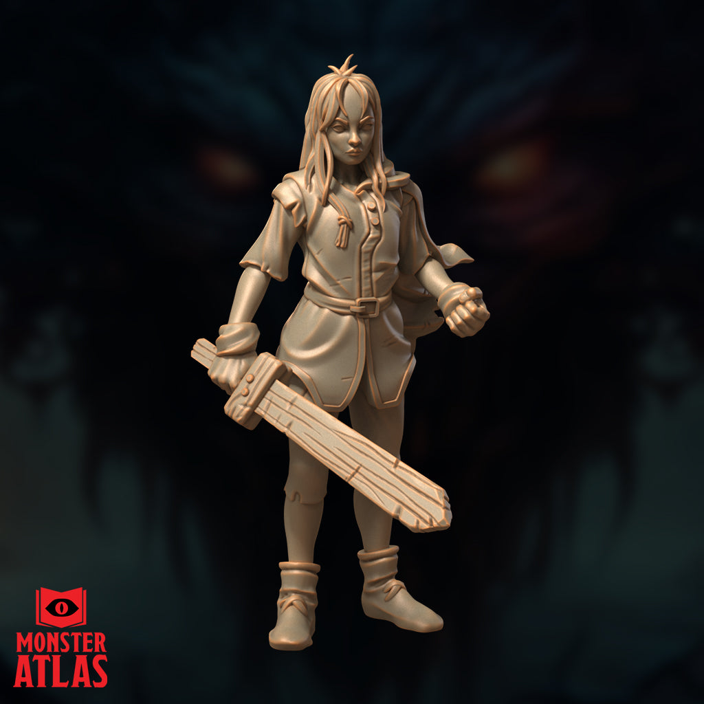 Unpainted sandy resin miniature of Nat, a young female adventurer, facing forward. She holds a large wooden training sword lowered at her side and has her other fist raised. She wears a belted travel coat with shoulder pads and loose ankle boots. Her long blonde hair falls around her face, with a small sprig ornament at the crown. Monster Atlas branding visible in the lower left corner.
