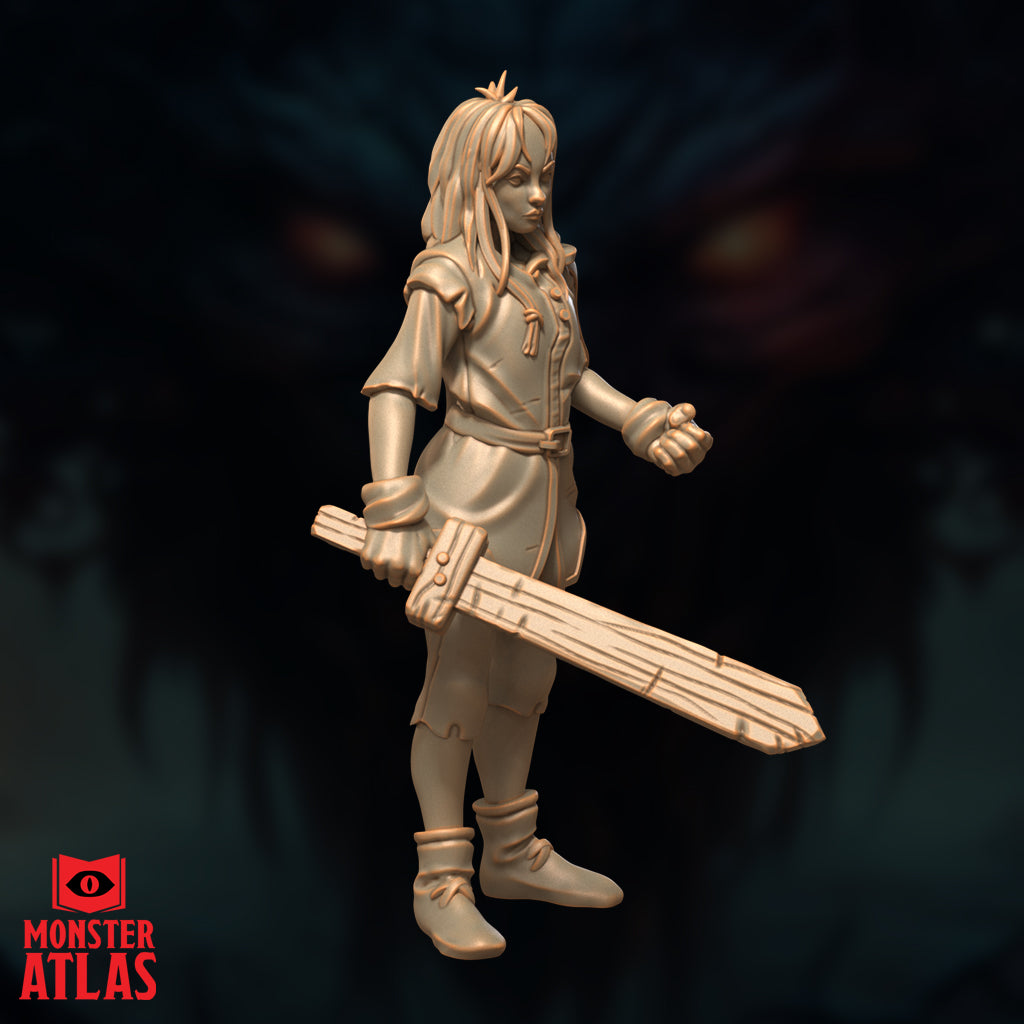 Side profile of the same unpainted Nat miniature showing the wooden training sword clearly, her loose travel coat, belted waist, and the detail on her layered hair and shoulder pads. Her raised fist and determined posture are visible from this angle. Monster Atlas branding in the lower left.