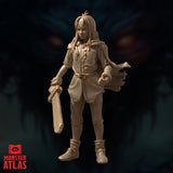 Unpainted sandy resin miniature of Nat in an alternative pose, facing forward with a flowing cloak billowing behind her. She holds a shorter wooden weapon at her side and has her other hand loosely balled. Her long hair is looser and slightly more tousled in this sculpt. The belted tunic and ankle boots remain consistent with the other poses. Monster Atlas branding visible in the lower left corner.