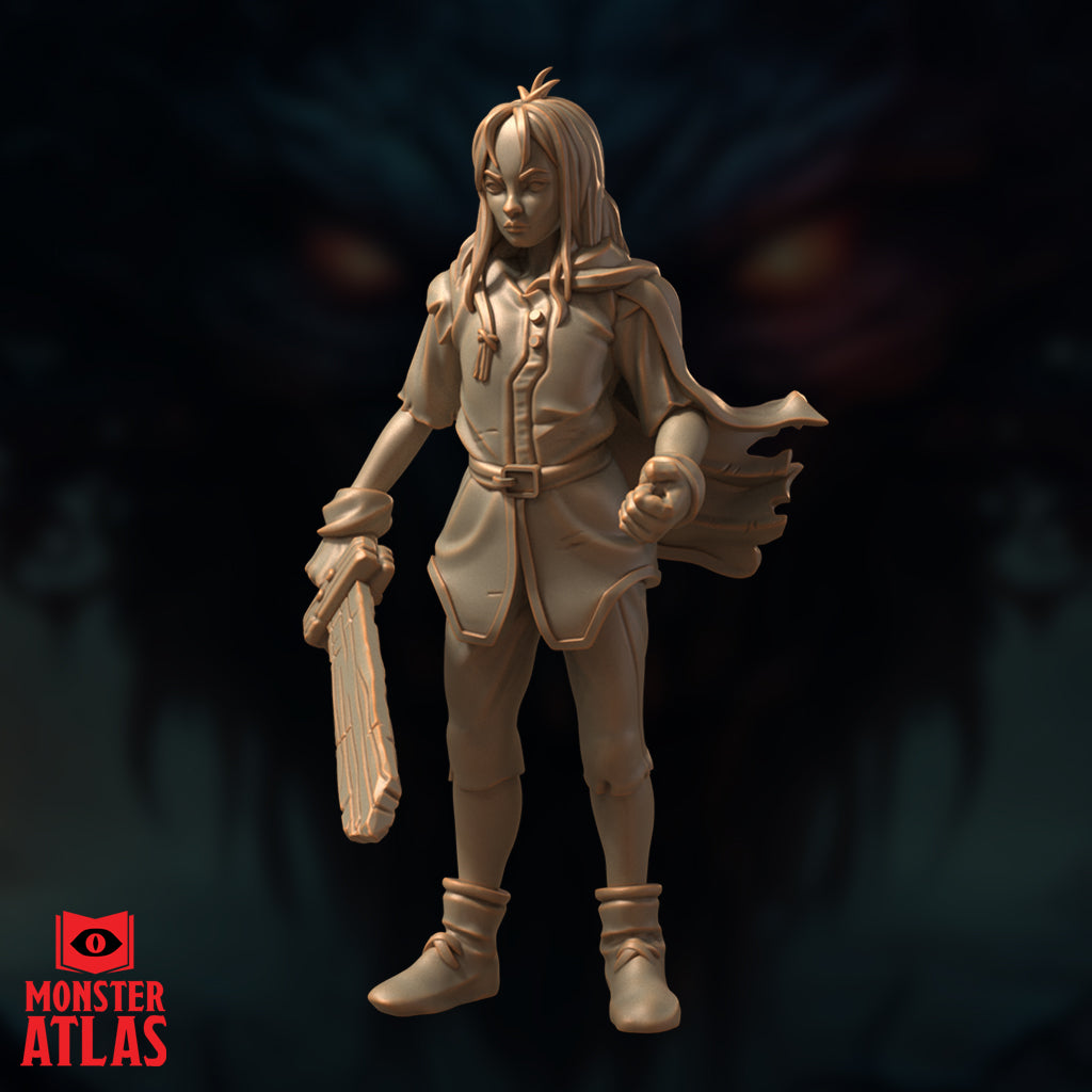 Unpainted sandy resin miniature of Nat in an alternative pose, facing forward with a flowing cloak billowing behind her. She holds a shorter wooden weapon at her side and has her other hand loosely balled. Her long hair is looser and slightly more tousled in this sculpt. The belted tunic and ankle boots remain consistent with the other poses. Monster Atlas branding visible in the lower left corner.
