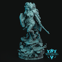 Armoured female warrior advancing with longsword extended and shield raised, wearing intricately engraved plate armour with flowing hair, standing on a shattered stone and swirling energy base. Sculpt by Witchsong Miniatures.