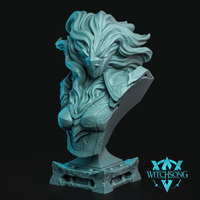 Knight of the Nebula bust by Witchsong Miniatures — broad grimacing face with wild, flowing hair, ornate filigree-etched breastplate and gorget, mounted on a stone plinth base.