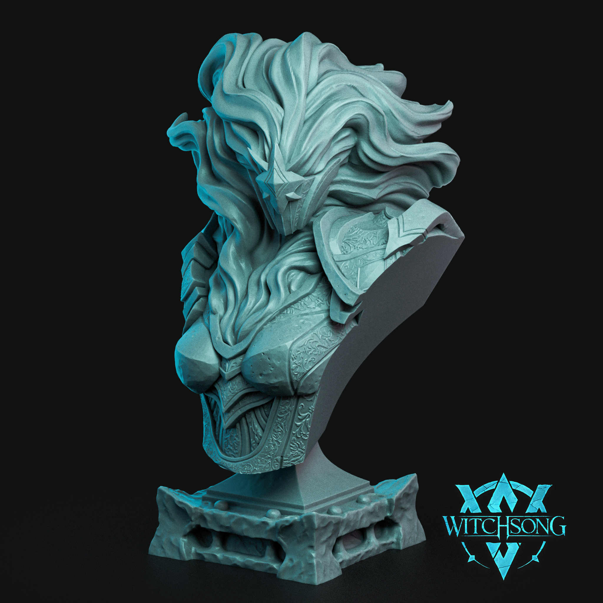 Knight of the Nebula bust by Witchsong Miniatures — broad grimacing face with wild, flowing hair, ornate filigree-etched breastplate and gorget, mounted on a stone plinth base.