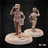 Young male humanoid miniature tipping a flat cap with one hand, satchel at his hip stuffed with scrolls, wearing a waistcoat and laced knee-high boots, standing on a cracked cobblestone base. Sculpt by Mia Kay M3DM.