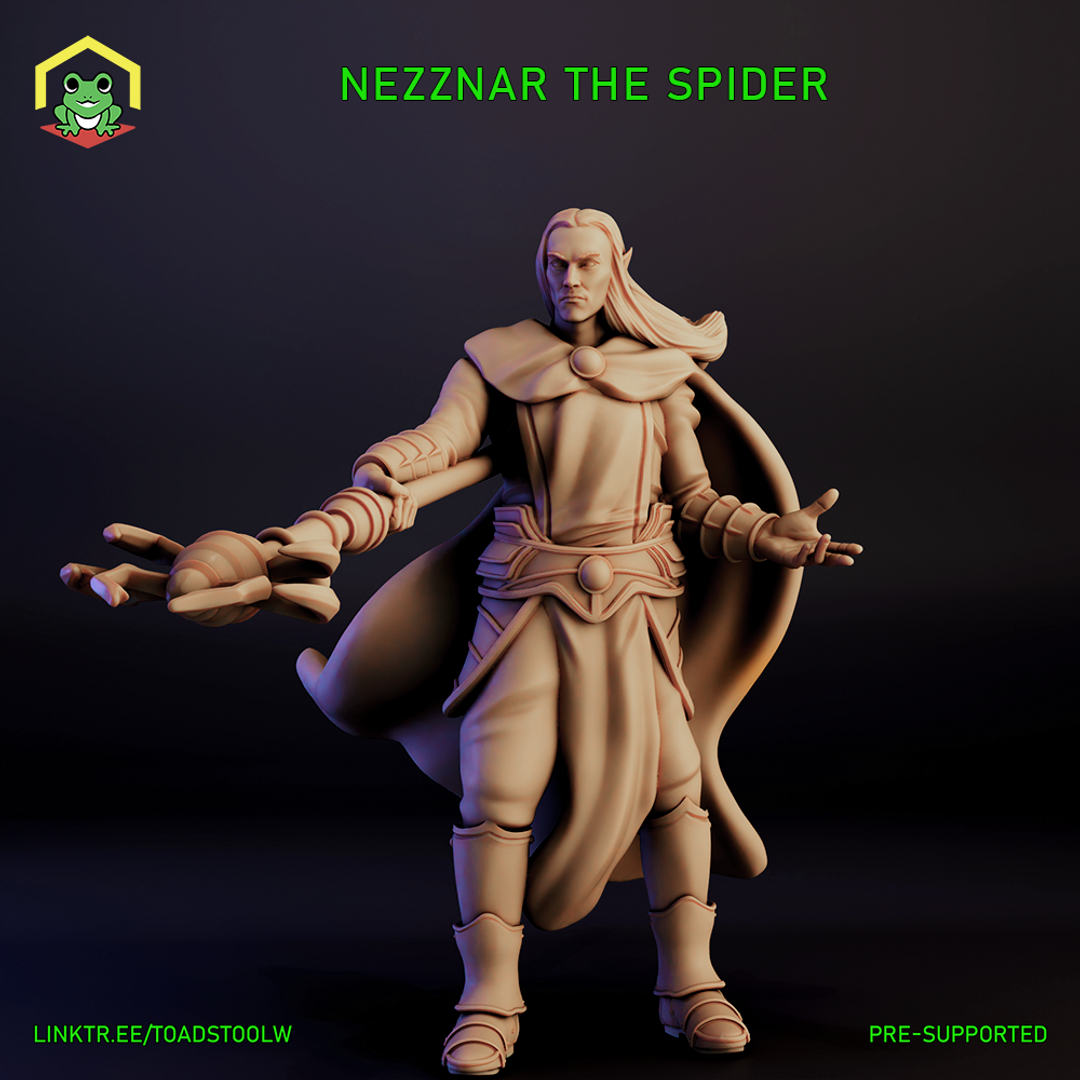 Digital render of Nezznar the Black Spider drow sorcerer miniature — unpainted, shown in a wide commanding stance with both arms outstretched and fingers splayed, wearing layered robes, a billowing cape, and bandaged bracers, with long flowing hair. 32mm scale tabletop miniature by The Toadstool Weaver.