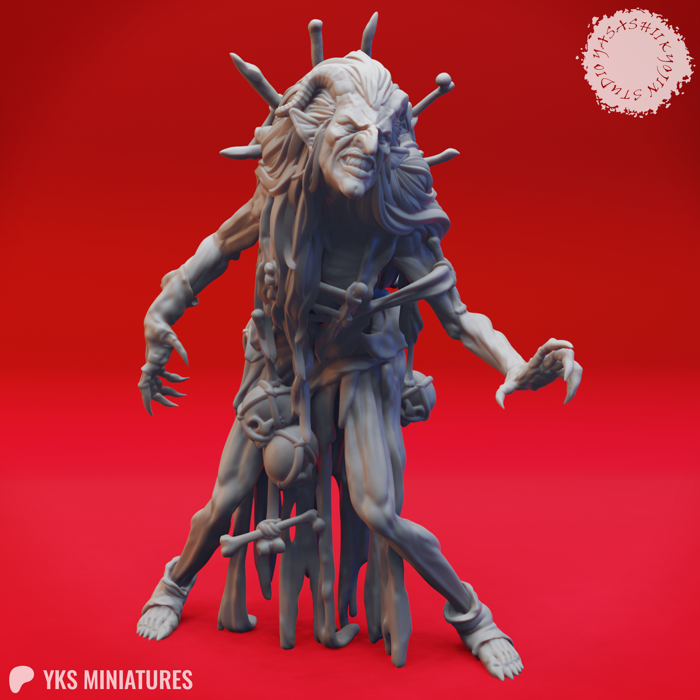 Front-facing digital render of an unpainted grey resin Night Hag miniature — a gaunt, snarling female figure with long clawed hands, matted hair pierced with bones and ritual sticks, and a lower body formed from a tangled mass of entangled limbs. A skull totem hangs at her midriff.