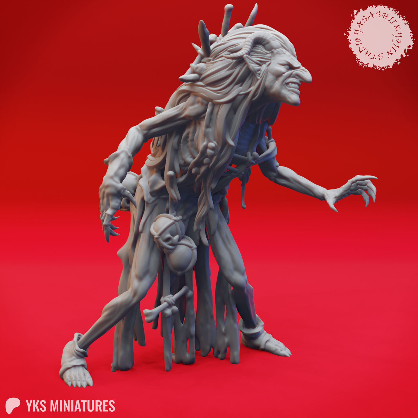 Three-quarter side view digital render of the same unpainted grey Night Hag miniature, showing her head tilted and clawed hands outstretched, with the tangle of bound limbs at her base and bone fetishes woven through her hair visible from a new angle.