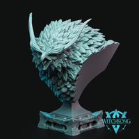 Digital render of the Night Beast bust by Witchsong Miniatures — an unpainted teal-grey resin sculpt of a fierce horned owl creature with densely layered feathers, a sharp hooked beak, and narrowed eyes, mounted on a decorative stone plinth base, shown at three-quarter angle against a black background