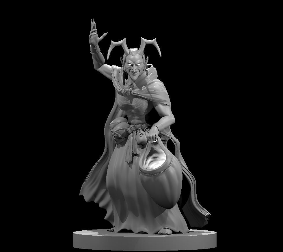 Night Hag miniature by MZ4250 — horned, barefoot fiend in flowing robes, one arm raised in a hex gesture, clutching a heartstone in her other hand, with a sneering expression.