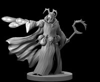 Robed male Night Hag miniature striding forward, extending one hand to release crystalline spell shards while gripping a thorned crescent staff in the other. Hollow-eyed, short-bearded face topped with two forward-curving horns. Billowing layered cloak sweeps behind him, skull-adorned pouches hang at the belt. Sculpt by MZ4250.