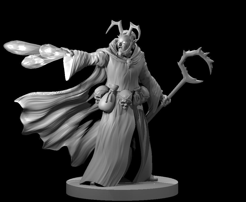 Robed male Night Hag miniature striding forward, extending one hand to release crystalline spell shards while gripping a thorned crescent staff in the other. Hollow-eyed, short-bearded face topped with two forward-curving horns. Billowing layered cloak sweeps behind him, skull-adorned pouches hang at the belt. Sculpt by MZ4250.