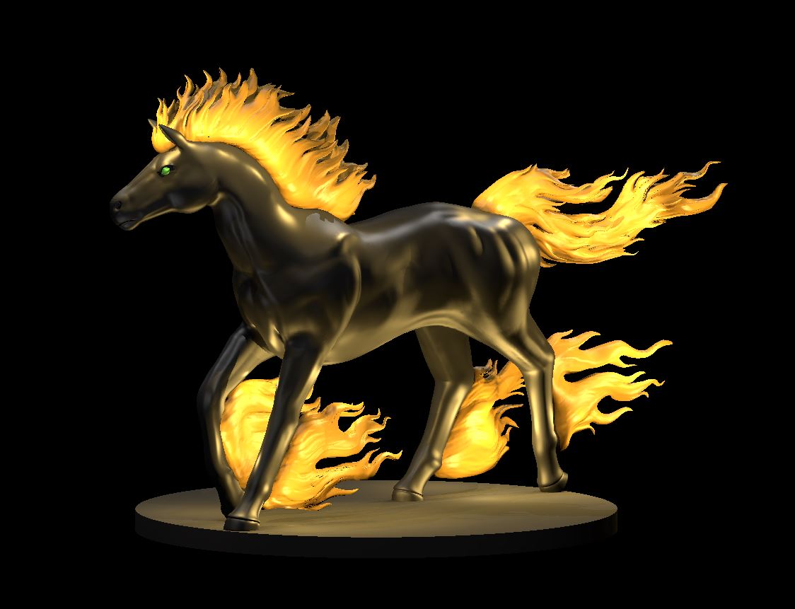 Digital render of a Nightmare miniature at 32mm scale — a jet-black horse mid-stride with a blazing golden-orange mane and tail, flames erupting from around each hoof, and glowing green eyes, mounted on a round base