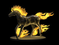 Digital render of a Nightmare miniature at 32mm scale — a jet-black horse mid-stride with a blazing golden-orange mane and tail, flames erupting from around each hoof, and glowing green eyes, mounted on a round base