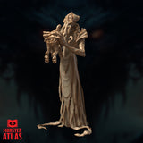 Nihiloor mind flayer by Monster Atlas, standing upright in tattered robes, holding a clawed intellect devourer against its chest with long bony fingers, tentacled face visible, ornate shoulder pauldrons detailed with angular plating.