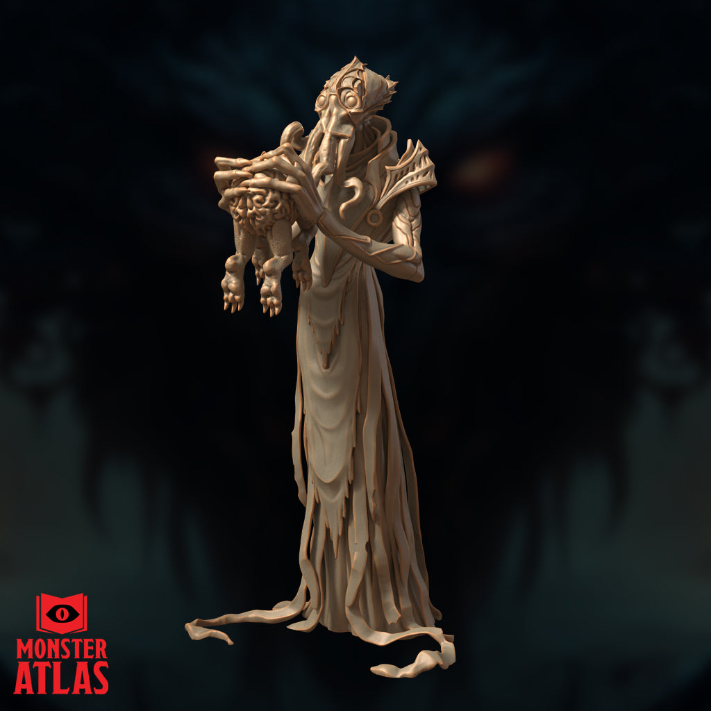 Nihiloor mind flayer by Monster Atlas, standing upright in tattered robes, holding a clawed intellect devourer against its chest with long bony fingers, tentacled face visible, ornate shoulder pauldrons detailed with angular plating.