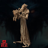 Nihiloor by Monster Atlas viewed from a slightly closer angle, showing the tentacled face and coiling appendages more clearly, with the intellect devourer cradled in both hands, the fabric of the robes falling in deep layered folds.