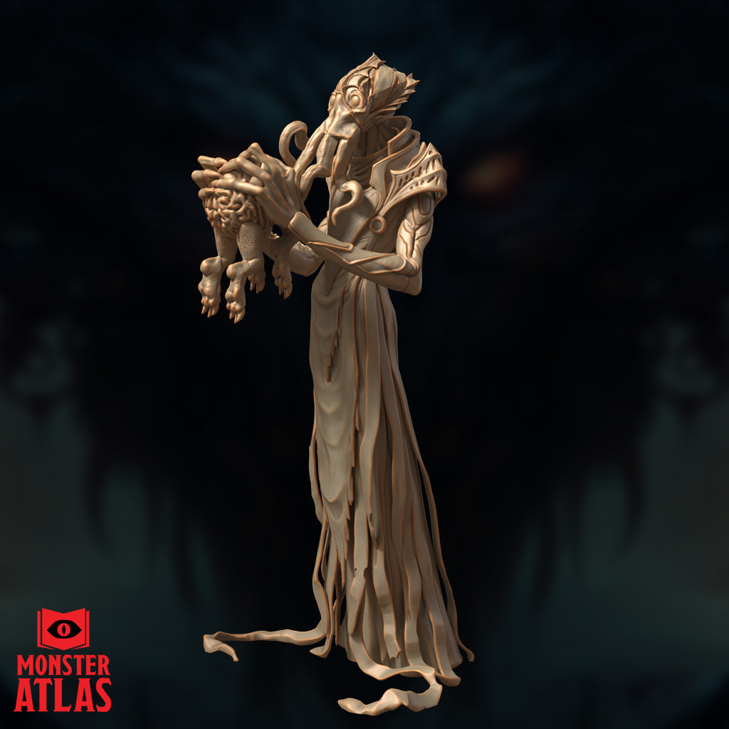 Nihiloor by Monster Atlas viewed from a slightly closer angle, showing the tentacled face and coiling appendages more clearly, with the intellect devourer cradled in both hands, the fabric of the robes falling in deep layered folds.