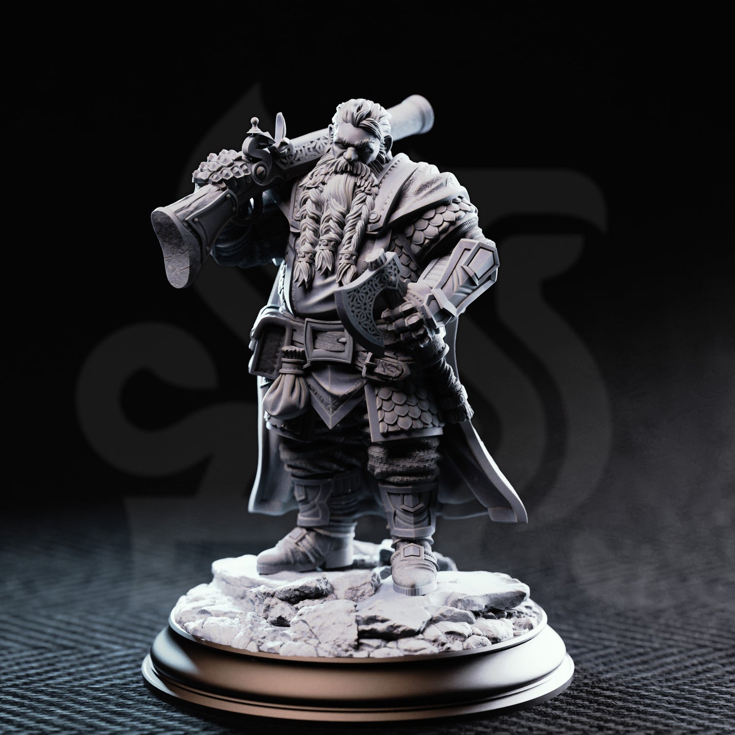 Unpainted grey resin 3D printed miniature of Nilyerg Sureshot Dwarven Marksman by DM Stash — front view showing braided beard, blunderbuss over shoulder, knotwork battle-axe, layered scale and leather armour, and cracked stone scatter base on a round black display base