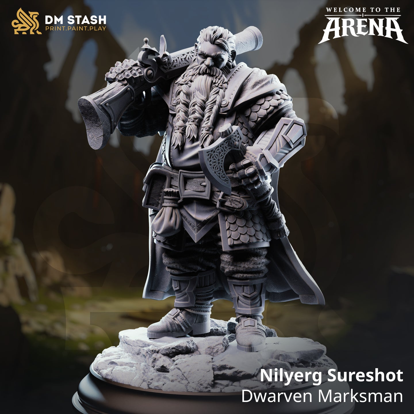 Digital render of Nilyerg Sureshot Dwarven Marksman miniature by DM Stash — stocky dwarf in scale pauldrons and travelling cloak, blunderbuss resting on one shoulder and knotwork battle-axe in the other hand, long braided beard, standing on a rocky rubble base, unpainted grey resin render