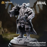 Digital render of Nilyerg Sureshot Dwarven Marksman miniature by DM Stash — stocky dwarf in scale pauldrons and travelling cloak, blunderbuss resting on one shoulder and knotwork battle-axe in the other hand, long braided beard, standing on a rocky rubble base, unpainted grey resin render