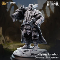 Digital render of Nilyerg Sureshot Dwarven Marksman miniature by DM Stash — stocky dwarf in scale pauldrons and travelling cloak, blunderbuss resting on one shoulder and knotwork battle-axe in the other hand, long braided beard, standing on a rocky rubble base, unpainted grey resin render