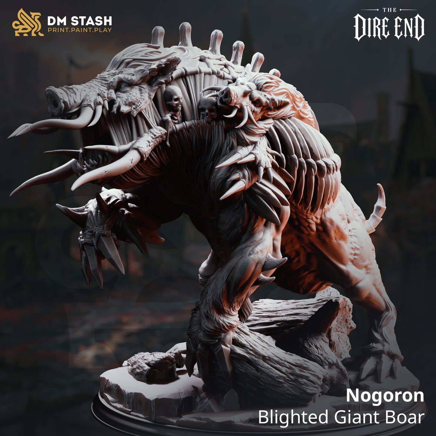 Nogoron Blighted Giant Boar by DM Stash — rear and side view revealing the broad ribbed back armour, dense bone spine crown, muscular haunches with claw-like hoof details, and the sculpted log and rubble base.