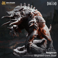 Nogoron Blighted Giant Boar by DM Stash — rear and side view revealing the broad ribbed back armour, dense bone spine crown, muscular haunches with claw-like hoof details, and the sculpted log and rubble base.