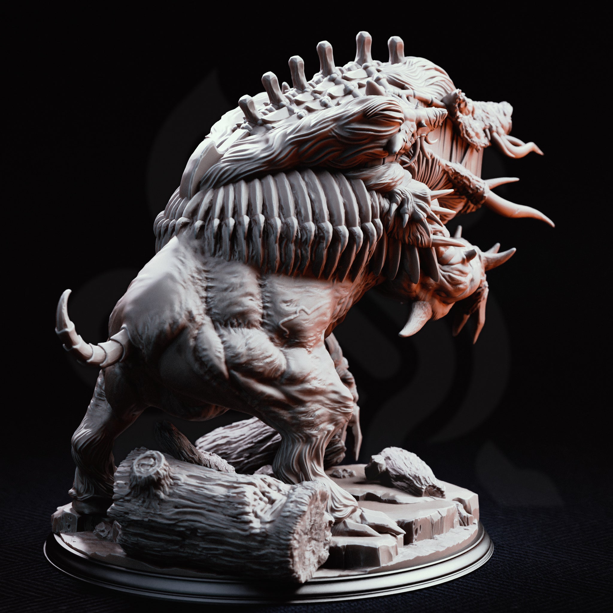 Nogoron Blighted Giant Boar by DM Stash — massive corrupted boar rearing on hind legs, ribbed bone plating erupting from hide, skulls embedded in shoulder, enormous asymmetric tusks, rocky log base.