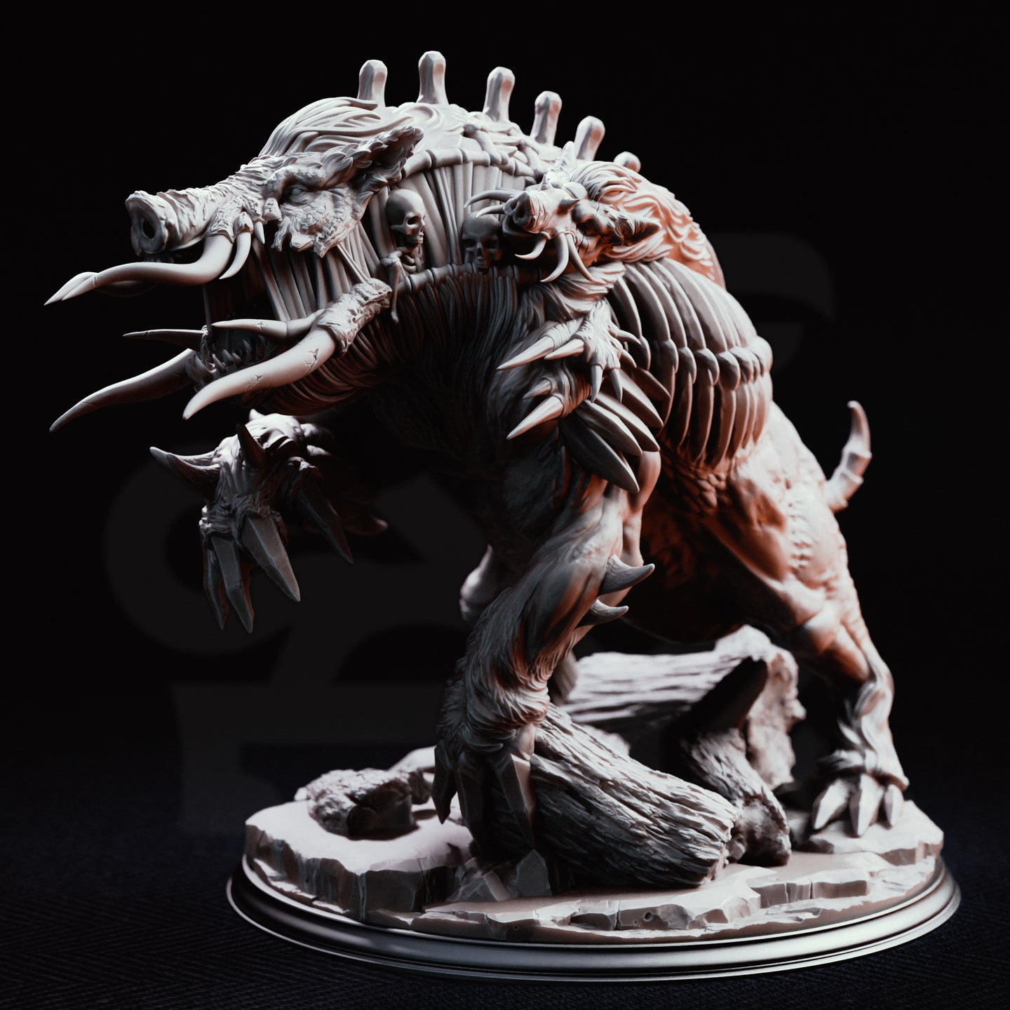 Nogoron Blighted Giant Boar by DM Stash — three-quarter view showing the creature lunging forward, exposed ribcage-like plating across the chest and flank, a crown of bone spines along the spine, skulls visible mid-body.