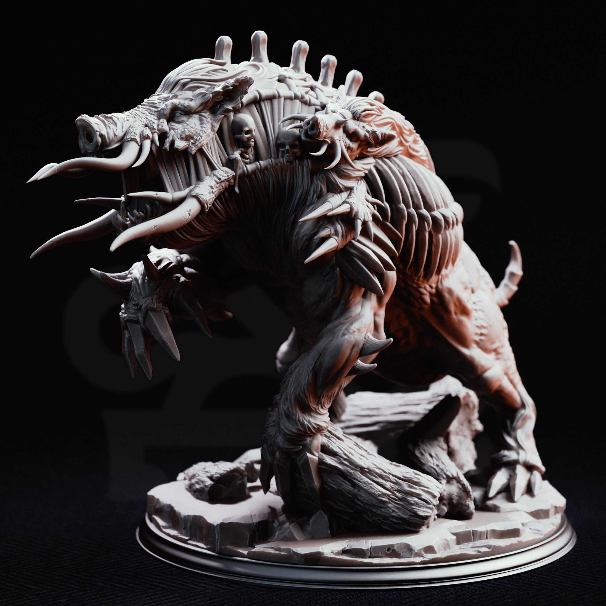Nogoron Blighted Giant Boar by DM Stash — three-quarter view showing the creature lunging forward, exposed ribcage-like plating across the chest and flank, a crown of bone spines along the spine, skulls visible mid-body.