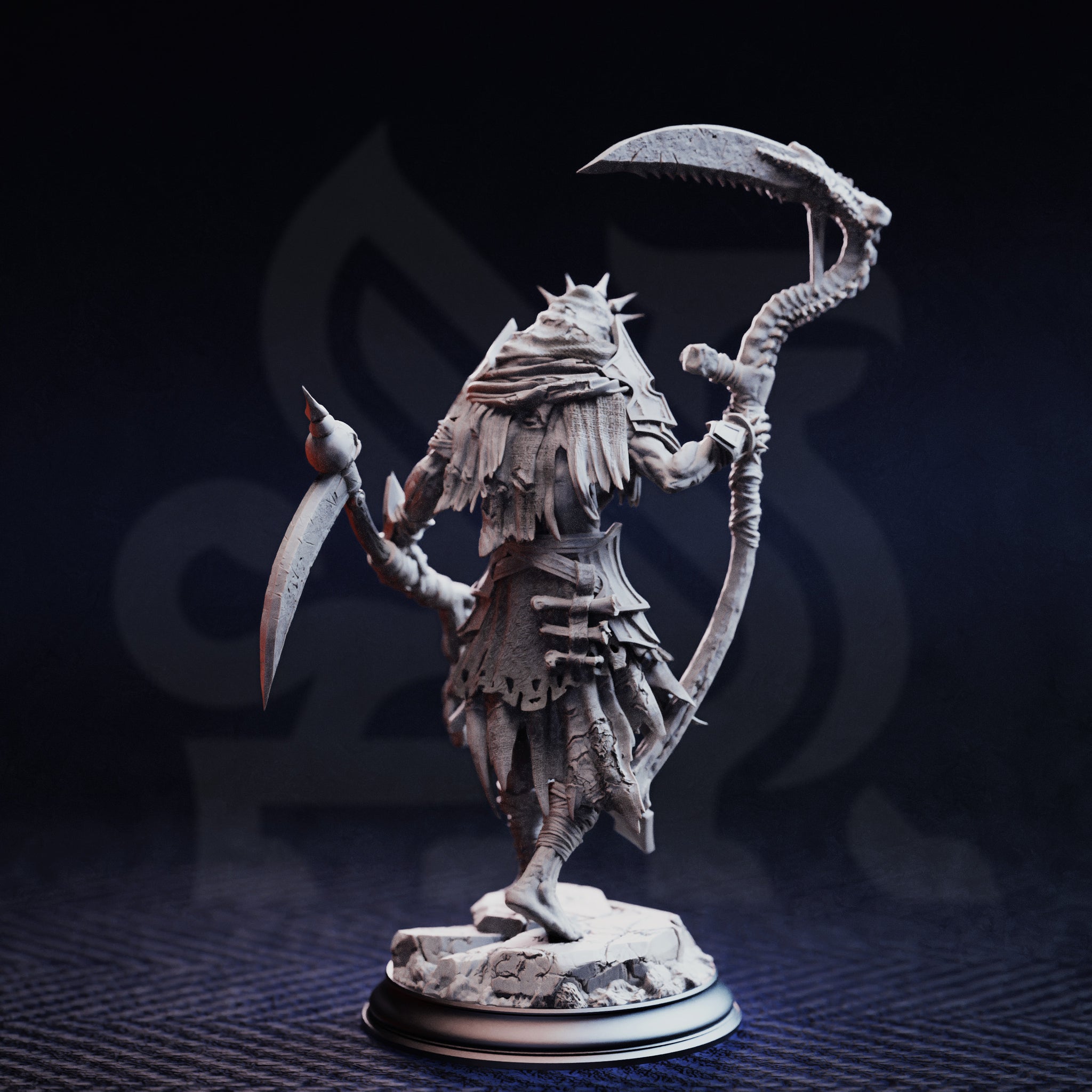 Unpainted grey resin miniature of Norminos the Flesh Reaper — three-quarter rear view highlighting the layered tattered robes, armour plating, bone-vertebrae scythe shaft, and detailed cracked rubble base