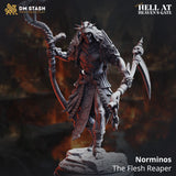 Unpainted grey resin miniature of Norminos the Flesh Reaper by DM Stash — a gaunt infernal figure in spiked crown and tattered armour, striding forward with a bone-spined scythe raised in one hand and a hooked skull-topped blade in the other, set against a fiery hellscape backdrop