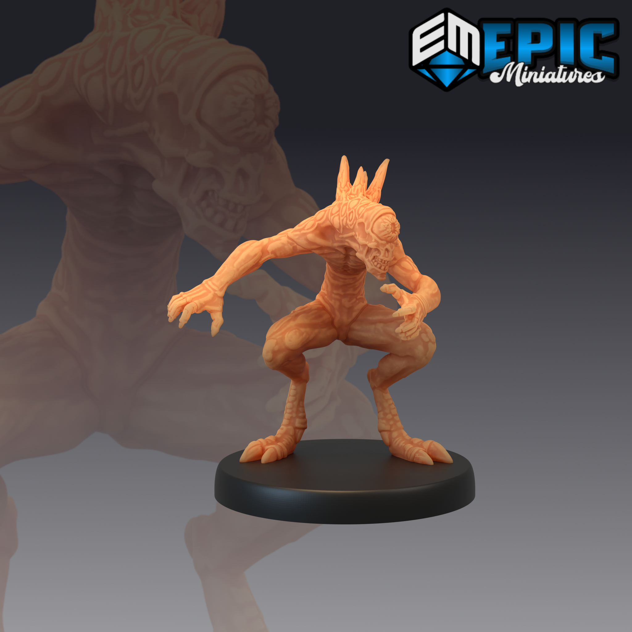 Nothic miniature in a wide crouching stance, arms outstretched with long clawed fingers, skeletal face dominated by a single large eye, bony spines along the skull, vein-patterned skin across the body. Sculpt by Epic Miniatures.
